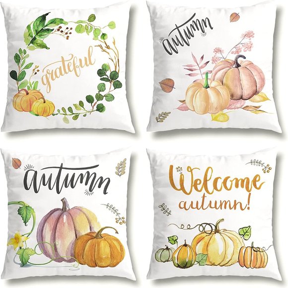 NEW Fall Decor Pillow Covers 18x18 Set of 4- Grateful, 2 Autumn, Welcome Autumn - Picture 1 of 11